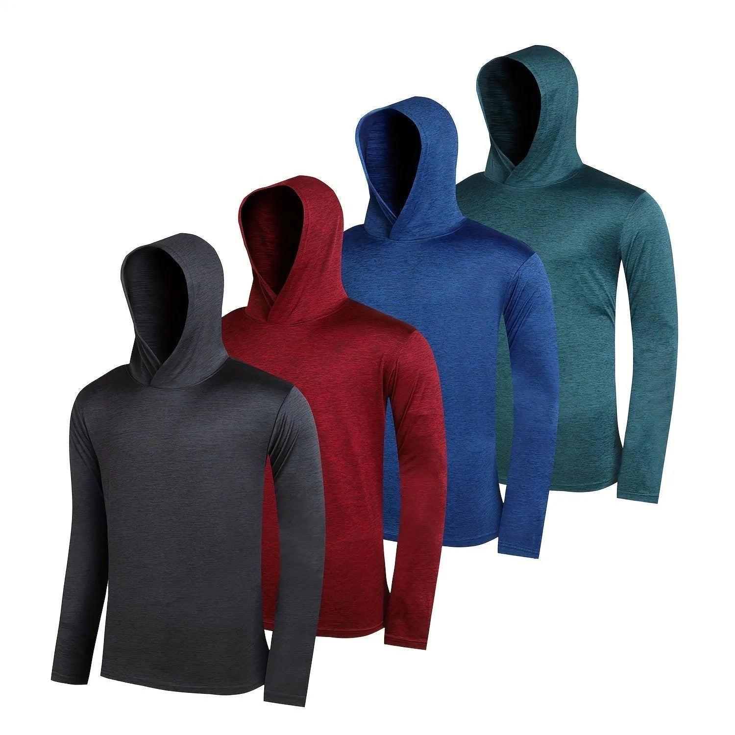 Pack of four men's lightweight polyester hoodies in various colours, showing hooded and non-hooded style options.