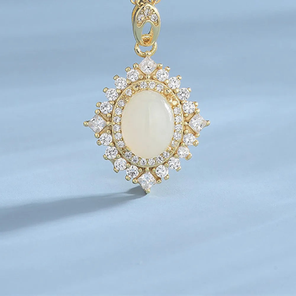925 silver necklace with single white jade pendant on chain electroplated finish
