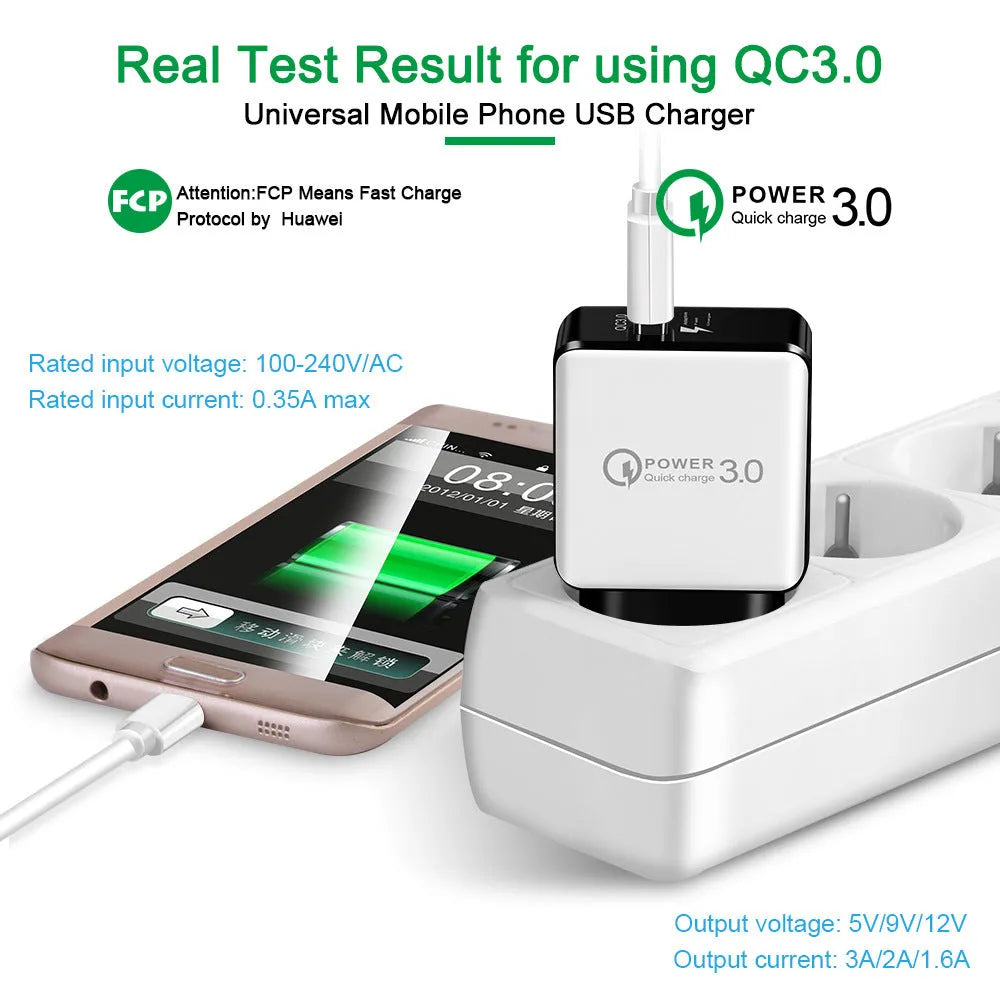 Black or white USB wall charger with EU plug, 18W Quick Charge 3.0, 2400 mA output