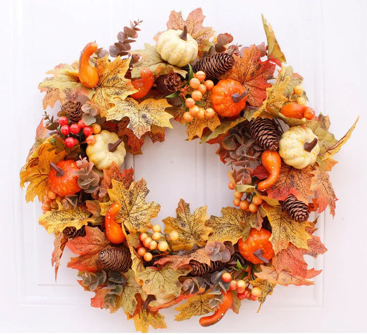 Autumn pumpkin wreath with fabric leaves, simulation pumpkins, berries, and pine cones on a vine ring, 50cm diameter