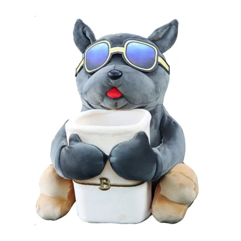 Plush fabric car tissue box hanging from vehicle armrest with dog-themed design options