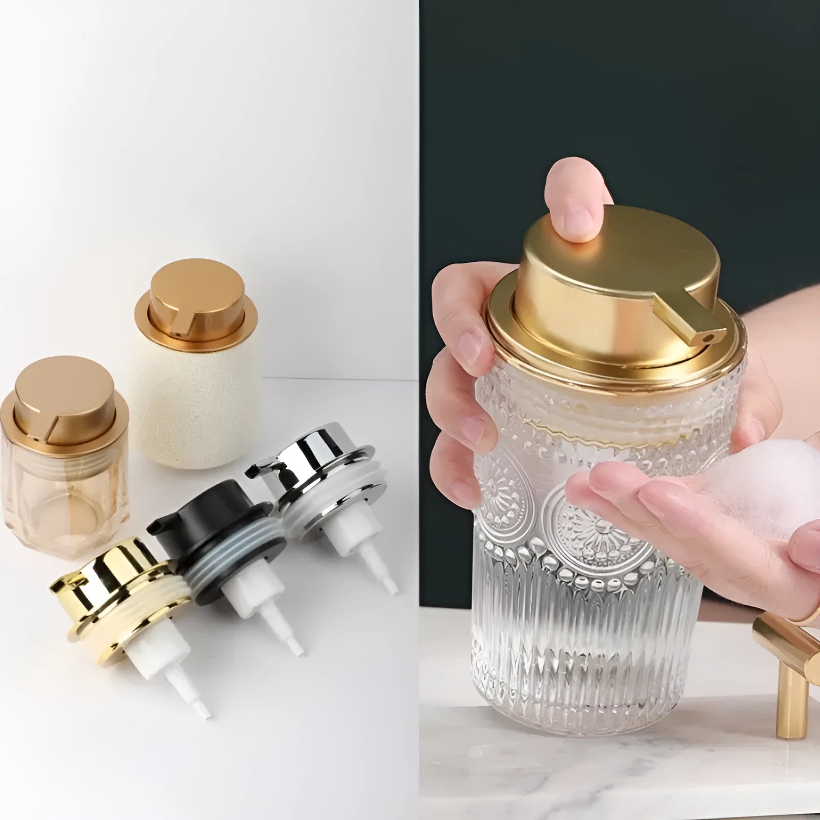 ABS plastic foam pump head for liquid soap in gold silver and black finishes