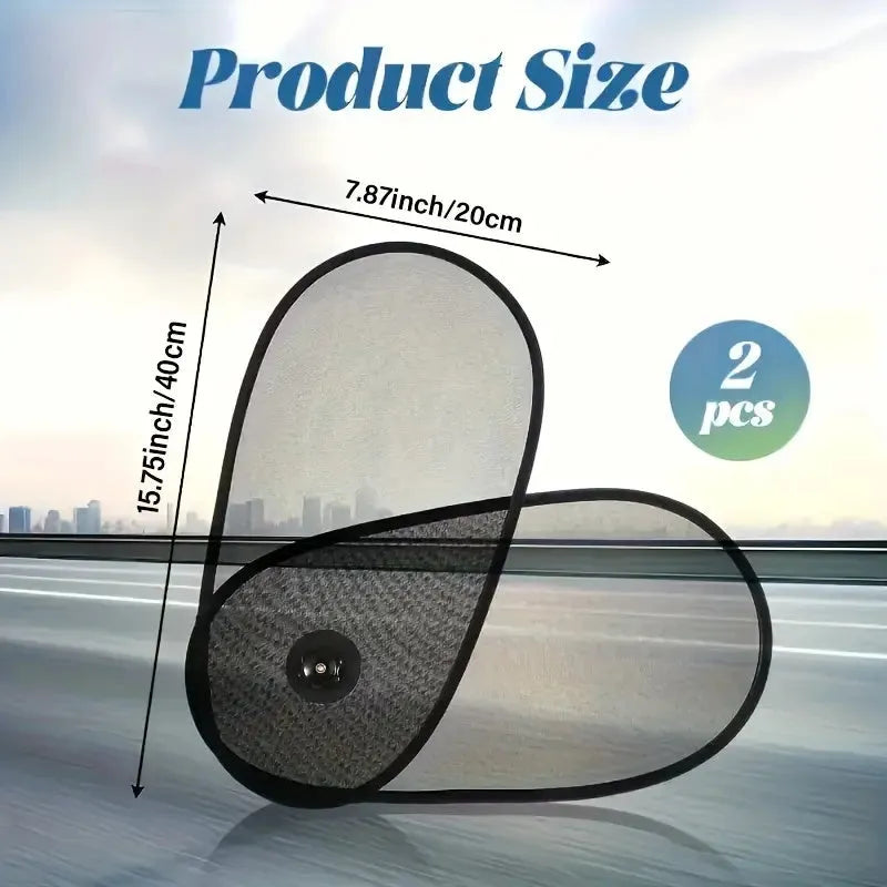 Black breathable car window shades with suction cups stretched across vehicle side window