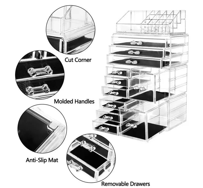 Three-layer acrylic cosmetics storage box in transparent colour showing stacked compartments