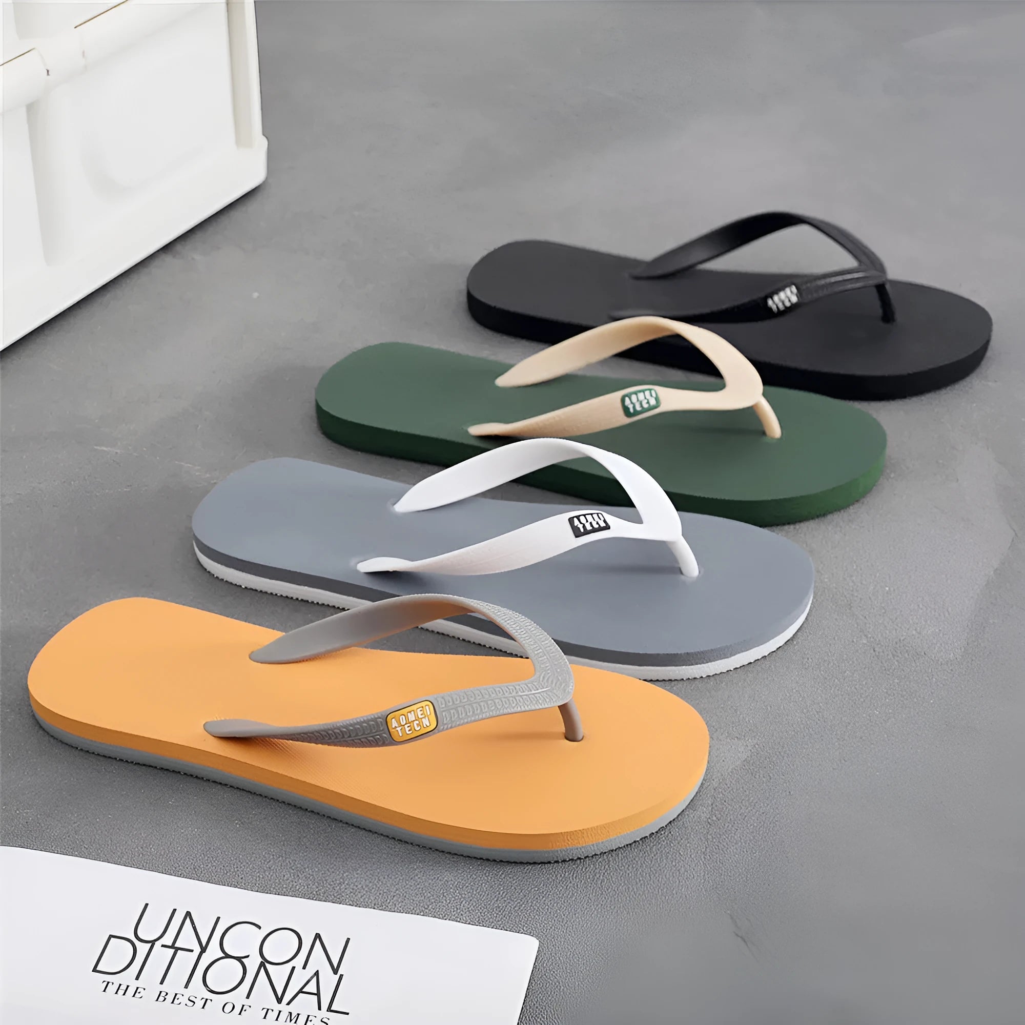 Men's black rubber sole flip-flops with a lightweight EVA upper, shown from the side.