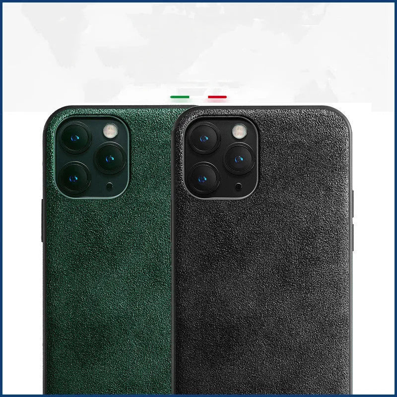 Suede luxury back case for iPhone on a dark background, shown in elegant black, dark night green, and dark blue colours.