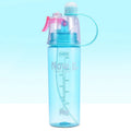 Portable mist spray sports water bottle with transparent body, handle, and press-to-spray mouth