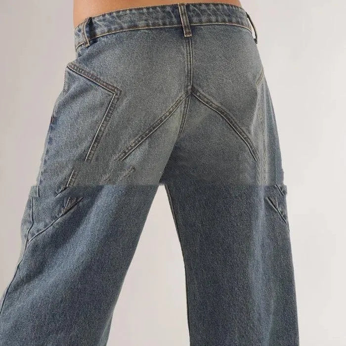 Women's blue cotton loose wide-leg mop trousers with colour-block stitching detail on a low waist