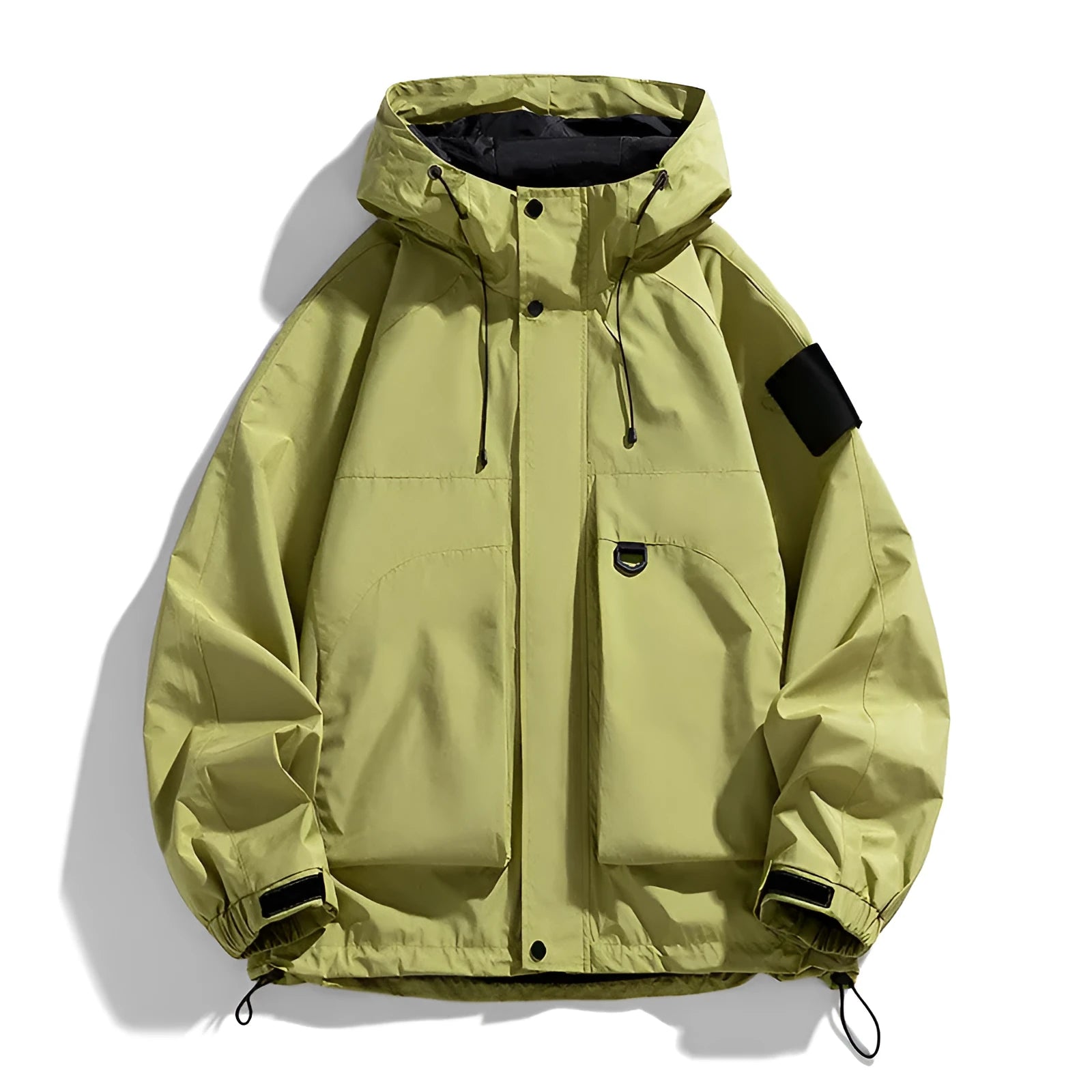 Men's black windproof waterproof hooded jacket on a hanger, shown in regular length with long sleeves.