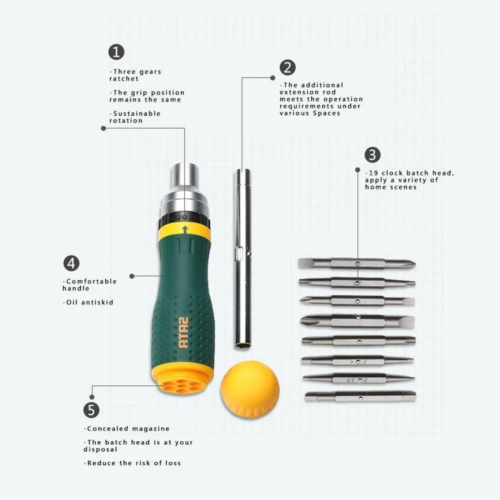 19 in 1 ratchet screwdriver set with 18 SVCM steel bits and green anti-slip handle