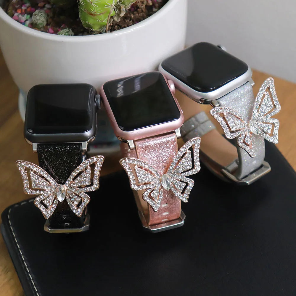 Glitter diamond butterfly pattern on a leather watch strap for Apple Watch