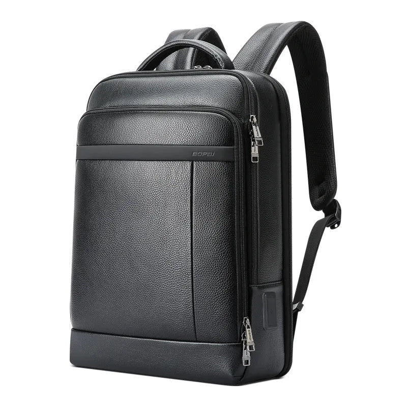 Black genuine leather business backpack with USB charging port and curved shoulder straps