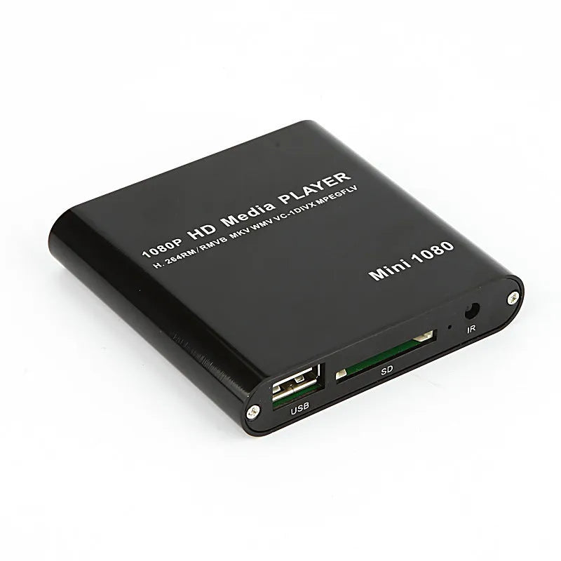 1080P Full HD media player in black or blue with HDMI port, SD card slot, and USB inputs