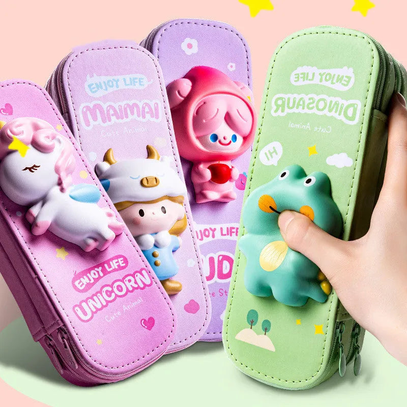 EVA square pencil case in green with cartoon Korean pattern, large capacity, lightweight