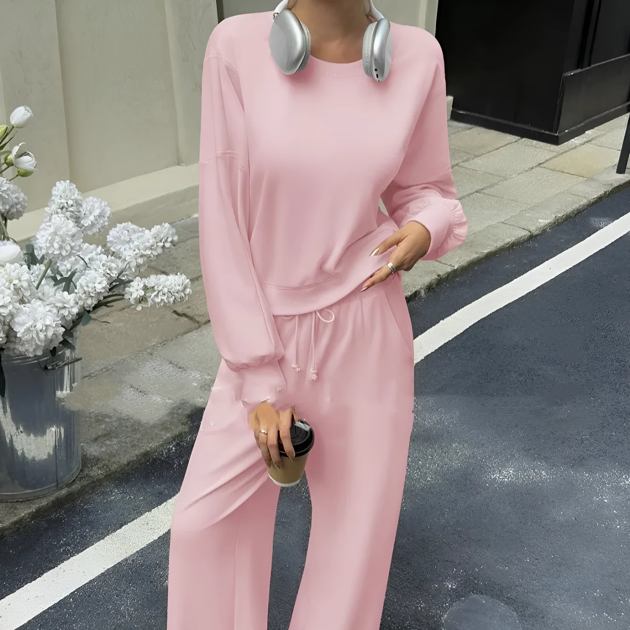 Women's solid colour polyester two-piece trouser set in street hipster style with long sleeves