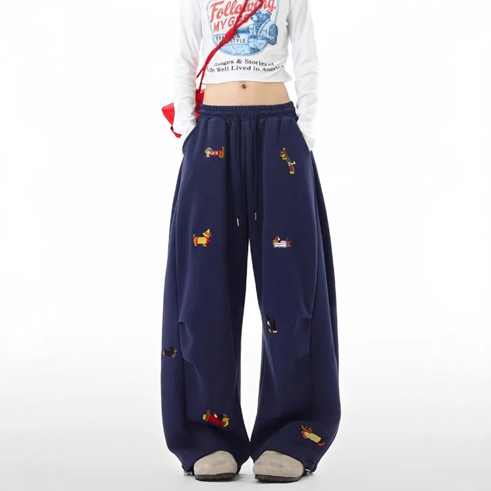 Lazy sausage dog embroidered machete sweatpants in gray, loose fit polyester men's trousers, autumn casual