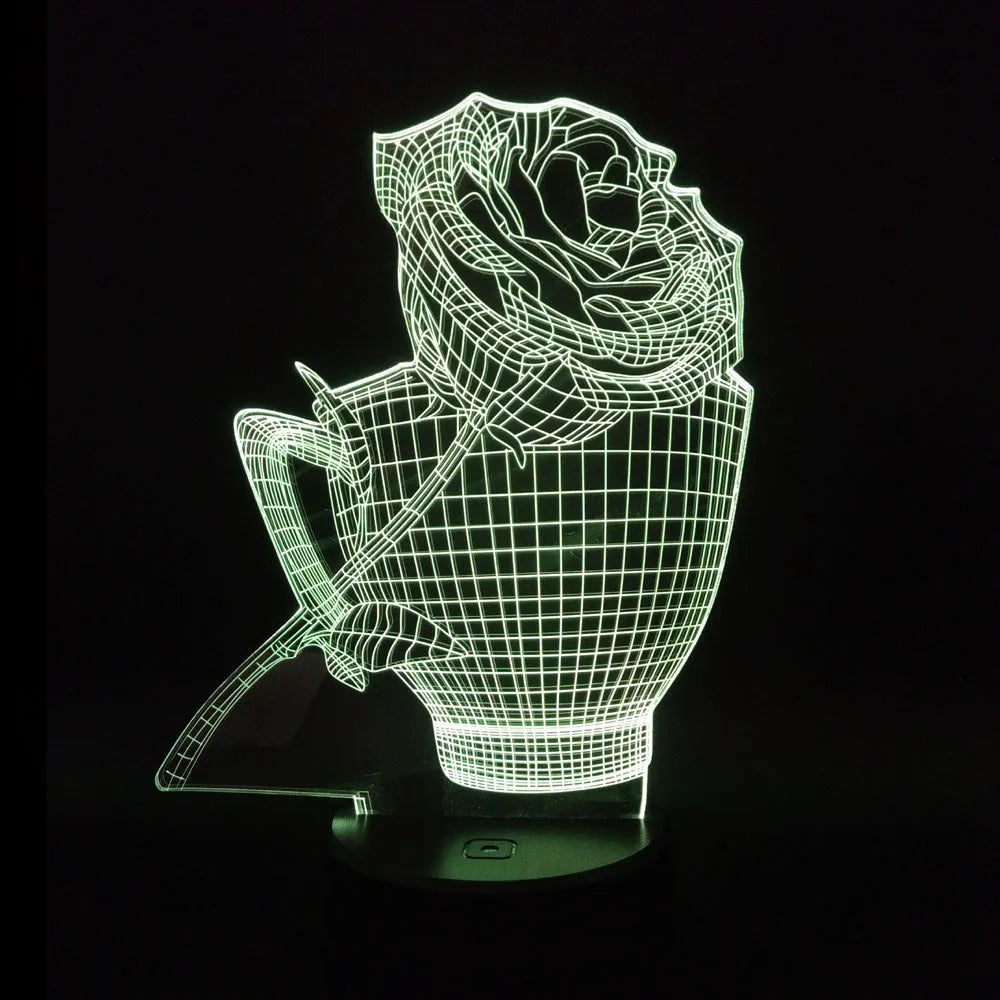 3D rose flower design night light showing colour change on acrylic panel with ABS base.
