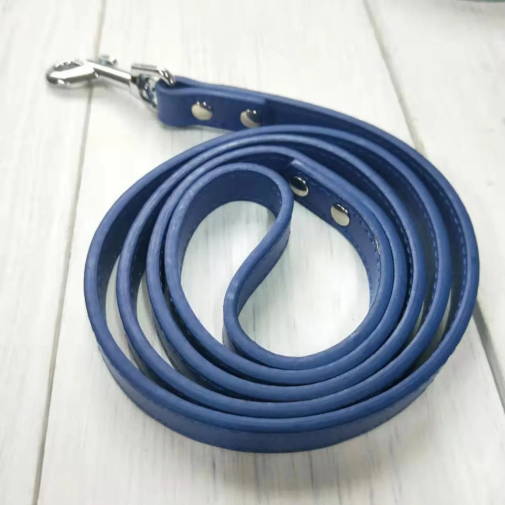 Genuine leather dog leash and collar set in black, 120cm lead, size M, on a wooden floor
