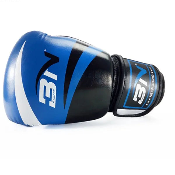 Adult boxing gloves in PU, shown in red, blue, white, pink and orange, with sizes 8OZ, 10OZ and 12OZ