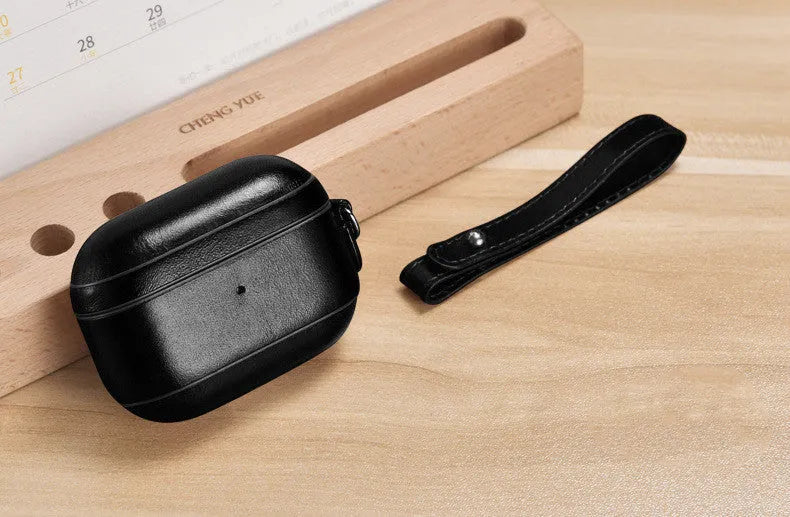 Brown leather and plastic flip protective sleeve for AirPods Pro with ring buckle