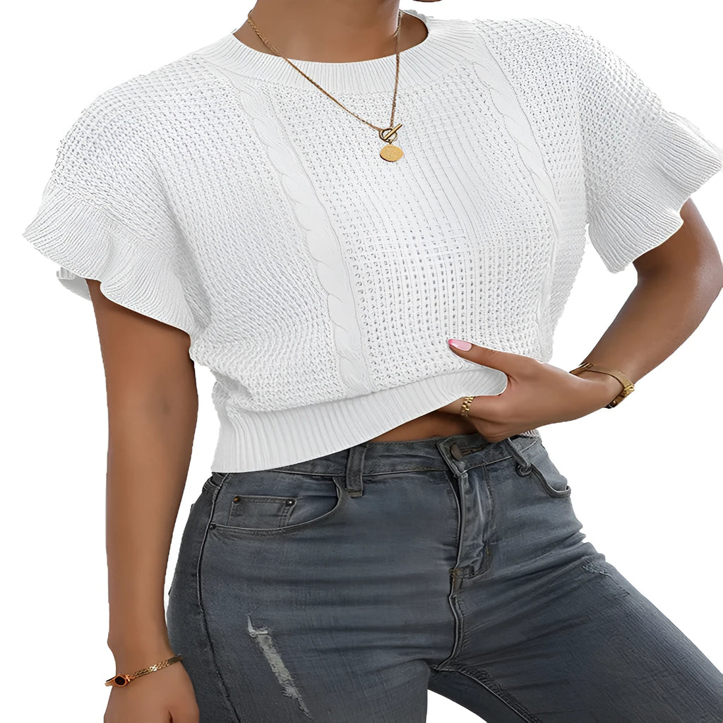 Loose round neck knitted pullover sweater with ruffled short sleeves in khaki colour