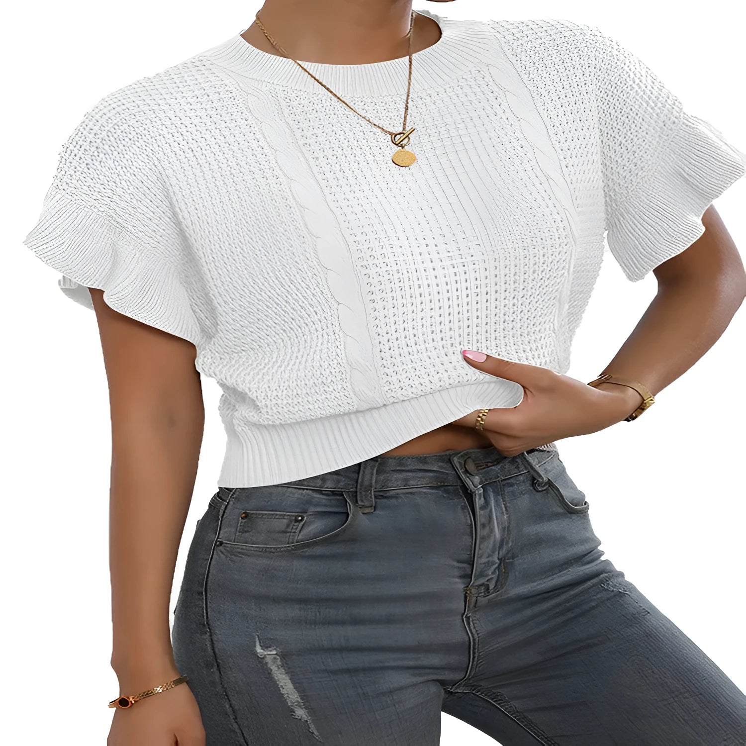 Loose round neck knitted pullover sweater with ruffled short sleeves in khaki colour