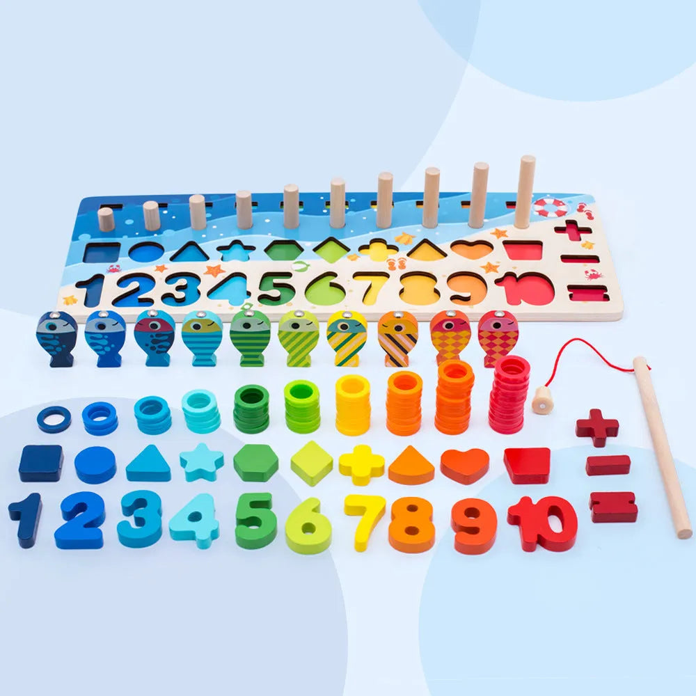 Wooden 3D alphabet and number puzzle toy with multicolour geometric pieces for toddlers.