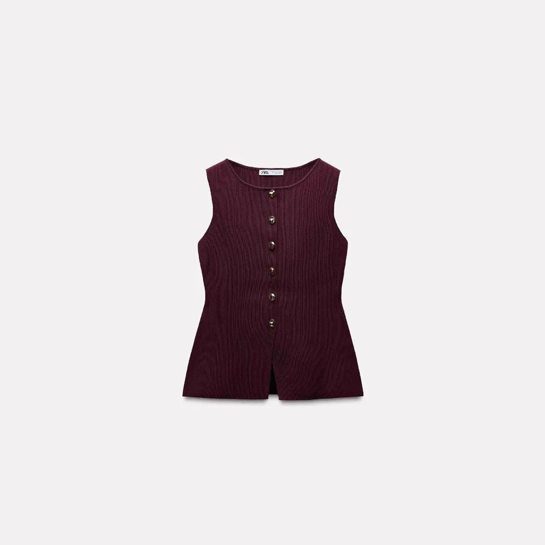 Dark red women's sleeveless sweater vest with gold buttons and 3D pattern detail