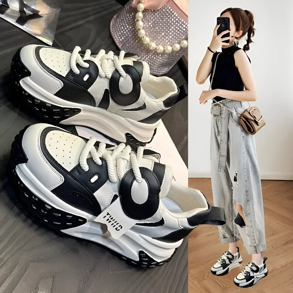 Leather sports casual shoes with thick wedge soles and round toe in multiple colour options