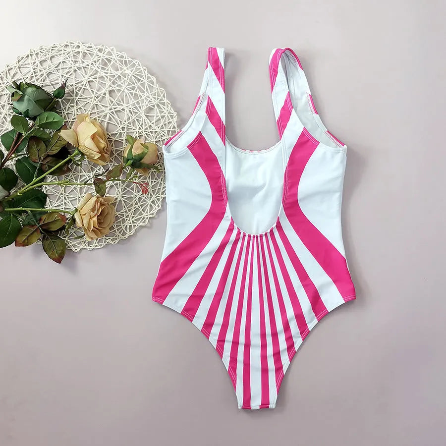 Pink and white striped women's one-piece swimsuit with front and back digital printing.