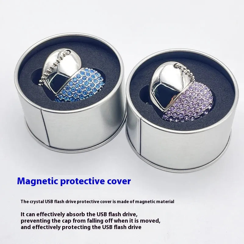 Blue metal USB flash drive with a brick-inlaid heart-shaped design, showing scale.