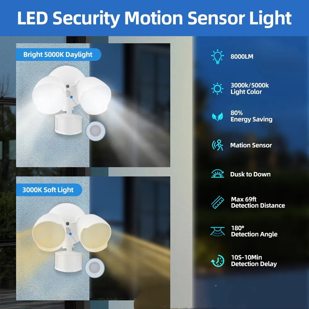 White outdoor LED flood light with motion sensor mounted on wall