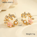 Colourful oil diamond flower stud earrings with gold plating on stainless steel.