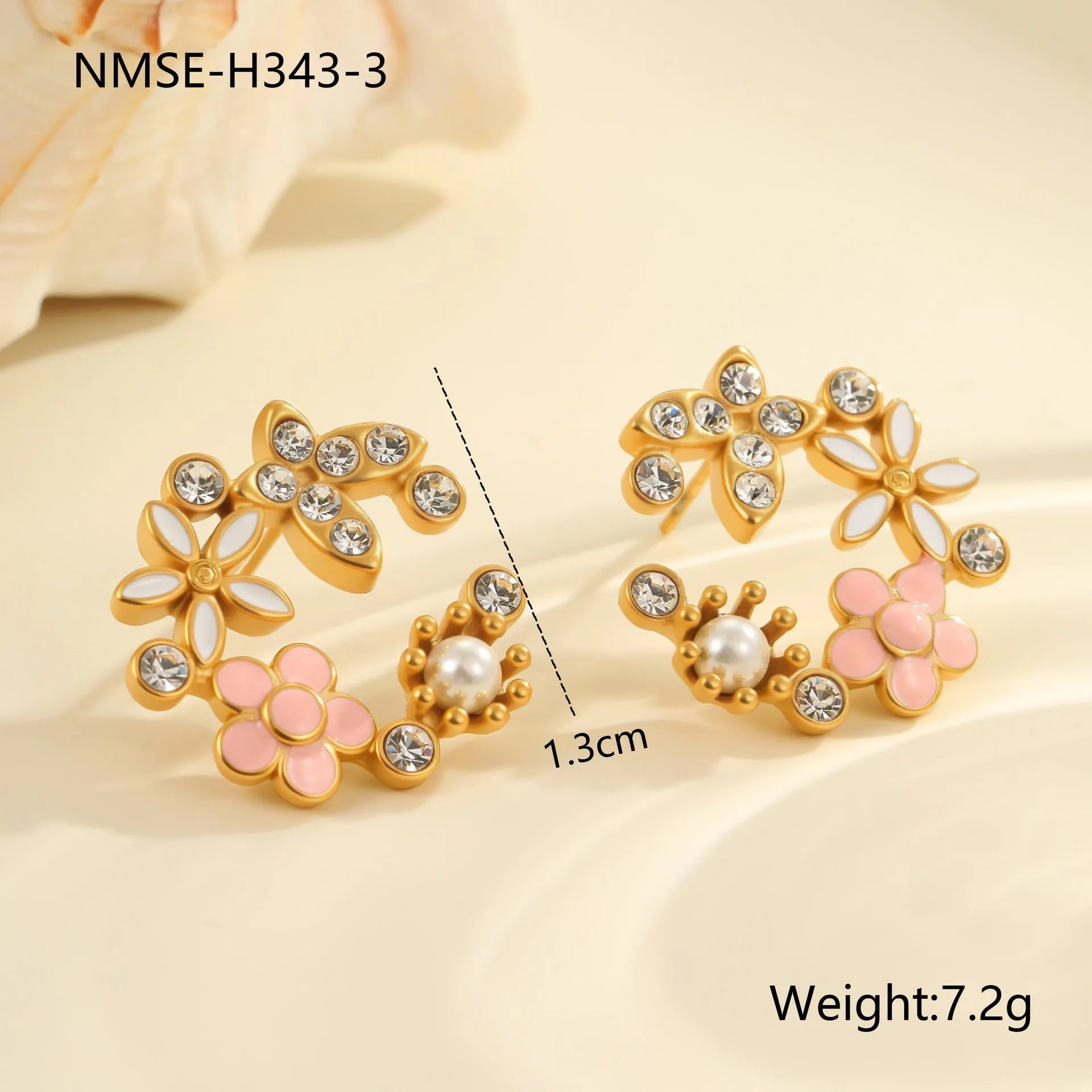 Colourful oil diamond flower stud earrings with gold plating on stainless steel.