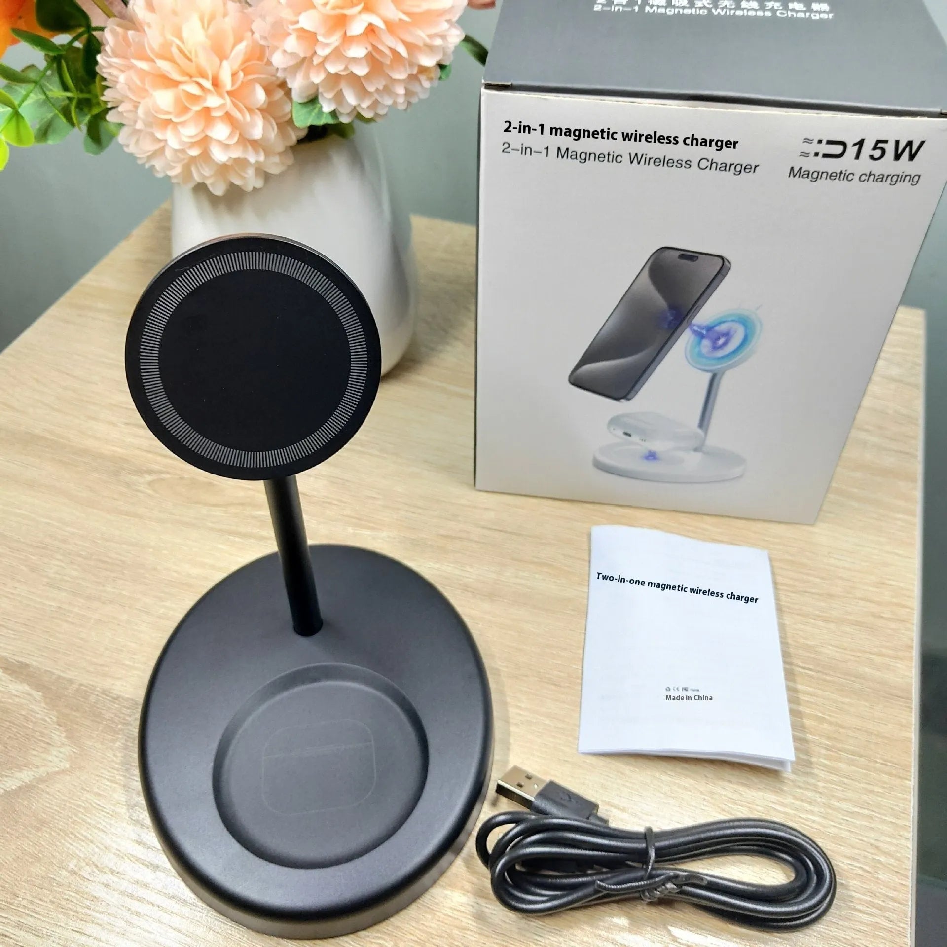 30W vertical wireless charger in white or black colour with cooling holes and anti-slip base