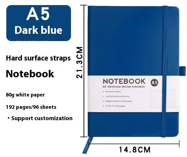 A5 office diary with hand skin feeling PU leather cover and strap closure, open to show horizontal line pages.