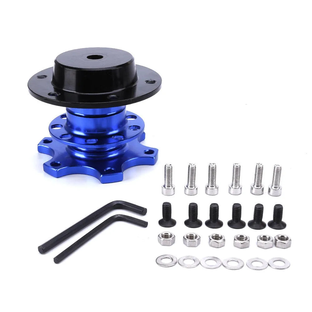 Universal car steering wheel quick release device shown in multiple colour options: black, red, blue, silver, and gold.