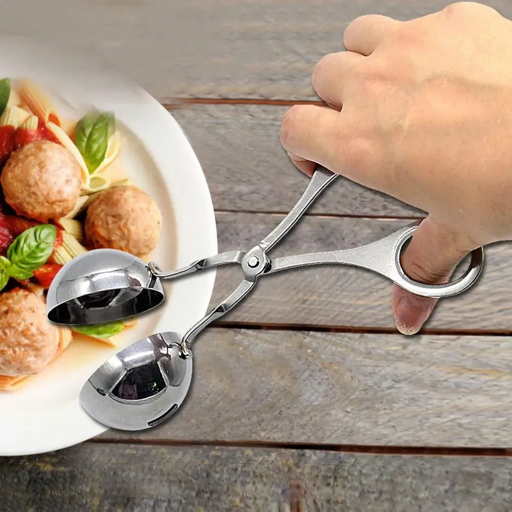 304 stainless steel meatball maker tongs on plain background, shows clip design and two size options, 16.5 cm length
