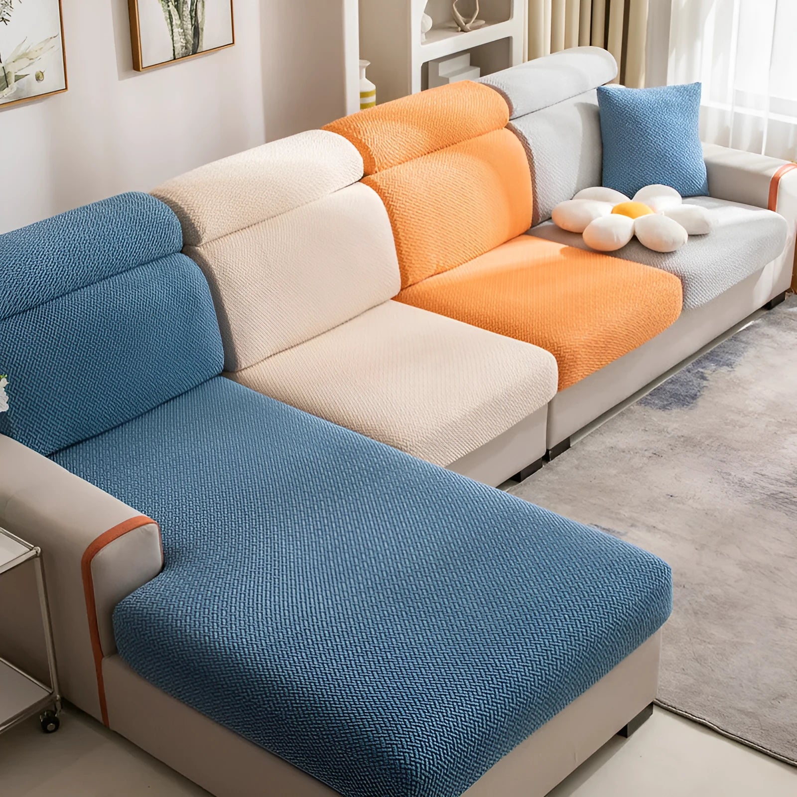 Home Fashion stretch sofa cover in fruit green colour on a modern couch