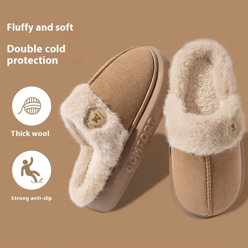 Plush fleece slippers with thick PVC sole in five colour options on a white background.