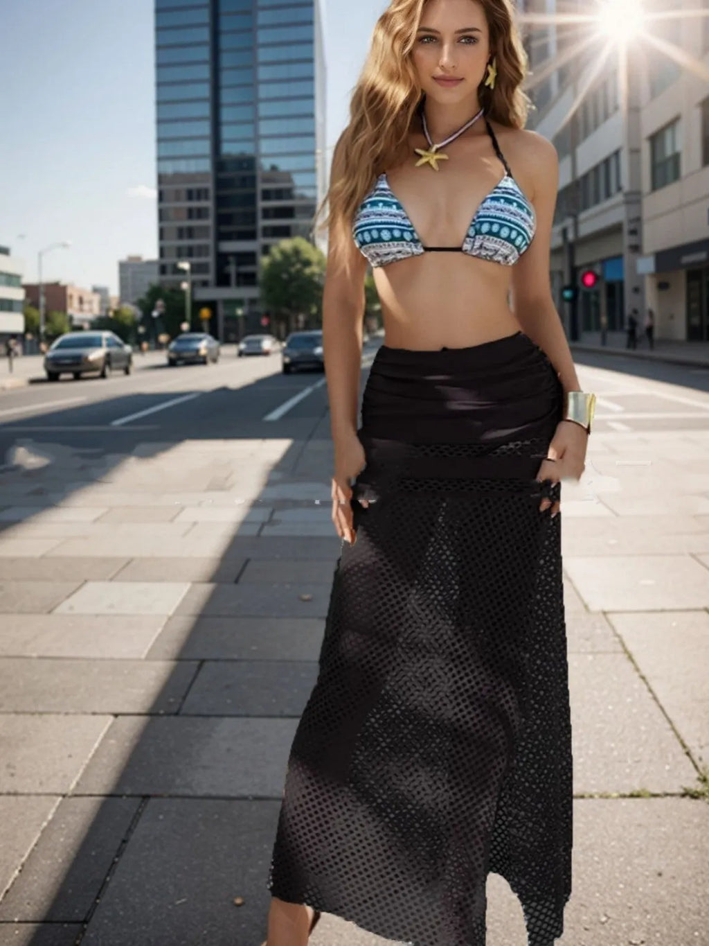 Women's brown European style three-piece swimsuit set with fishnet long skirt and bikini