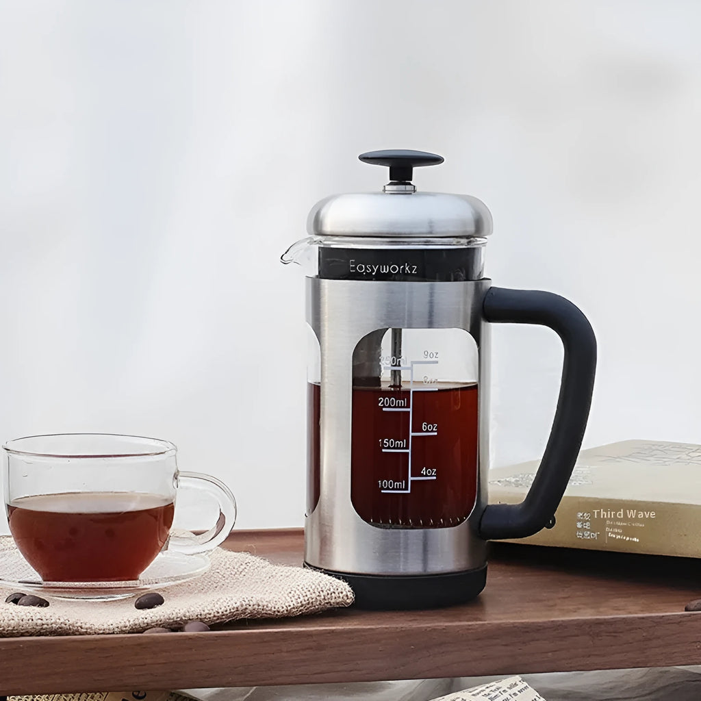1000ml glass French press coffee maker with brewing filter and tea infuser, shown in black or light gray.