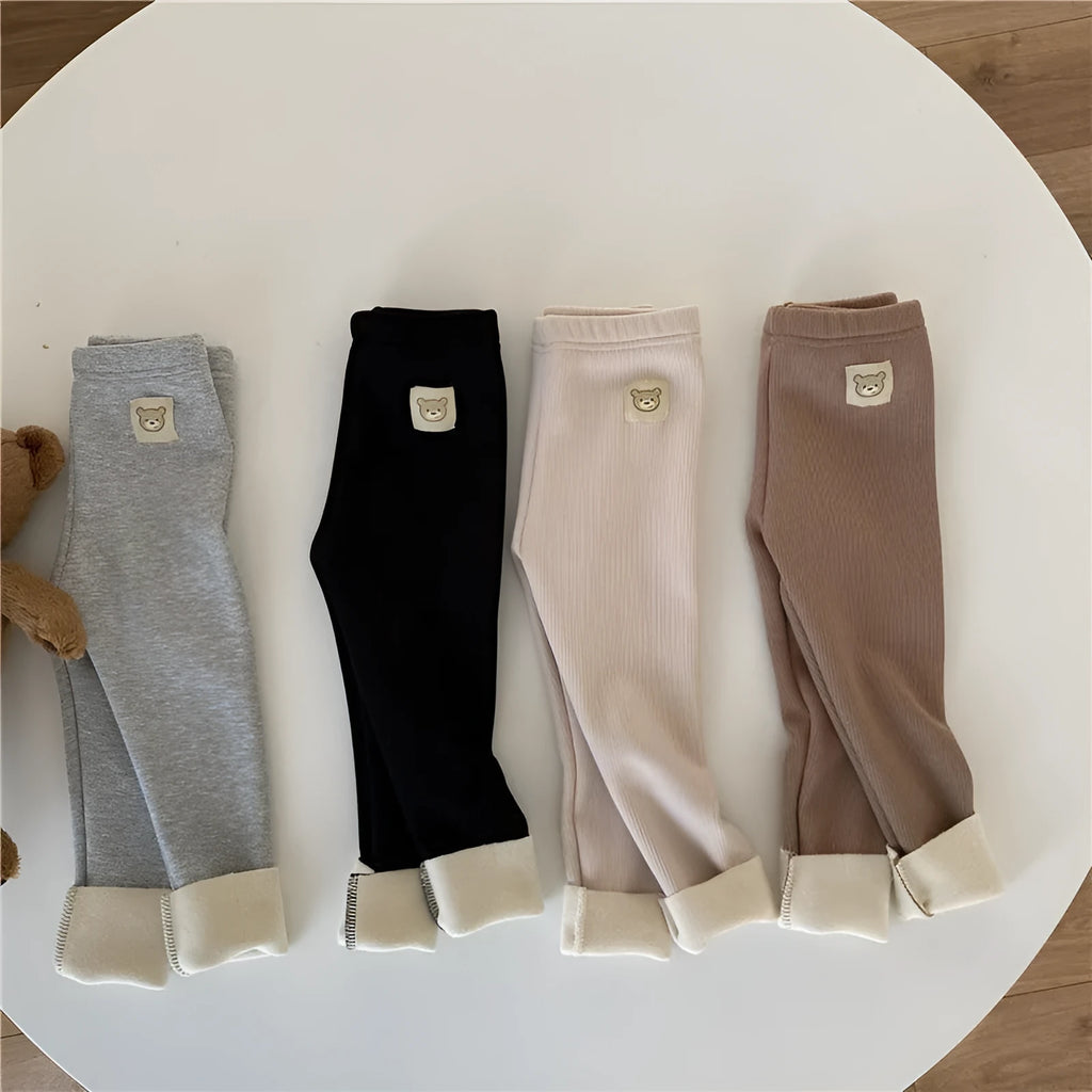 Girls' Korean style fleece-lined leggings in high waist design with elastic band