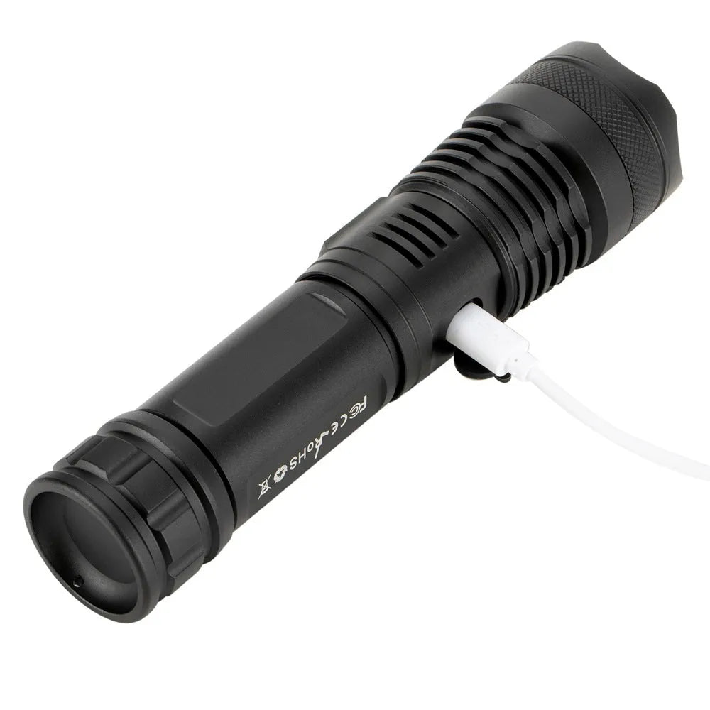Black aluminium alloy rechargeable LED flashlight with zoom lens on grey background