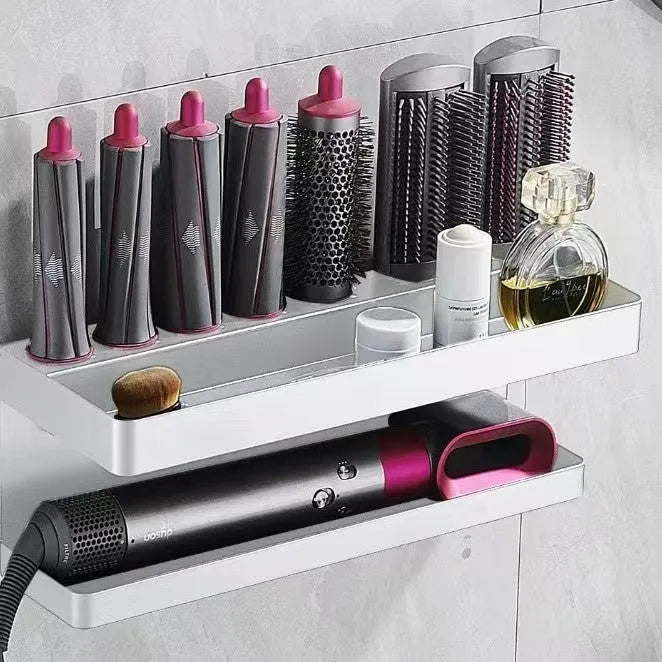 White punch-free dual-layer bathroom storage rack for Marcel wavers and hair curlers