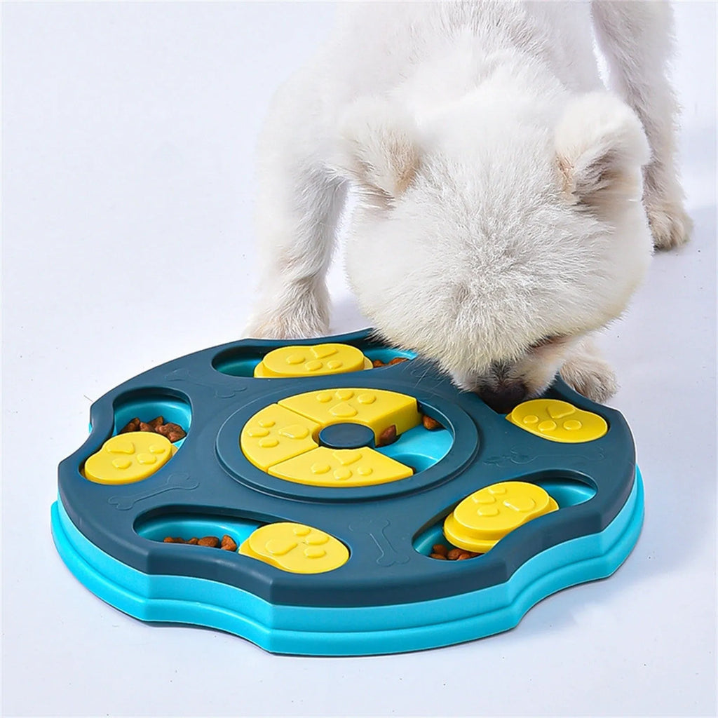 Blue interactive dog food puzzle bowl toy for aggressive chewers with slow feeder design.