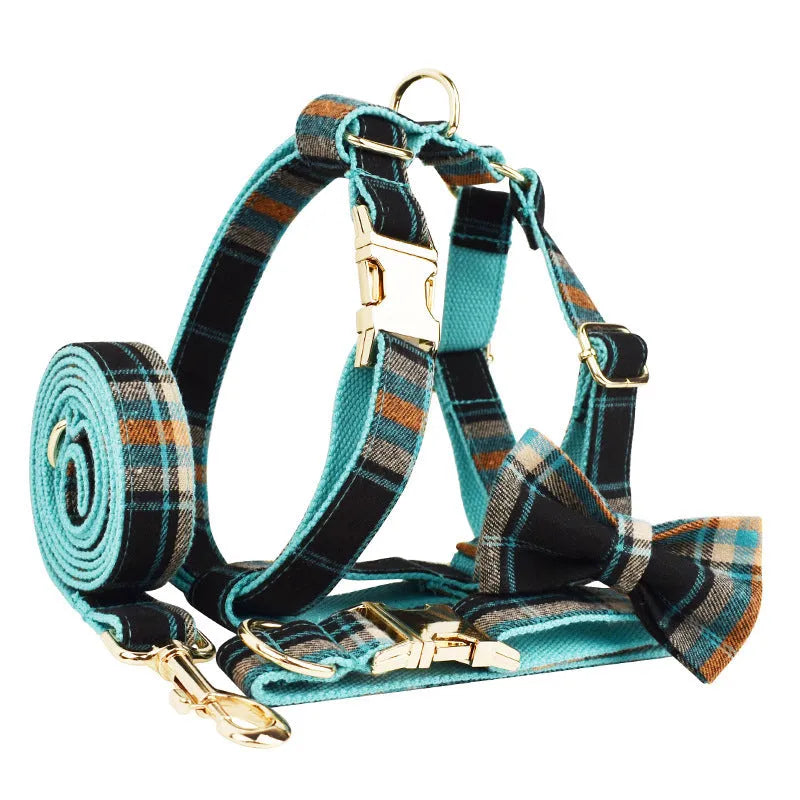 Green retro fabric dog collar, leash, harness, and bow tie four-piece set for pets