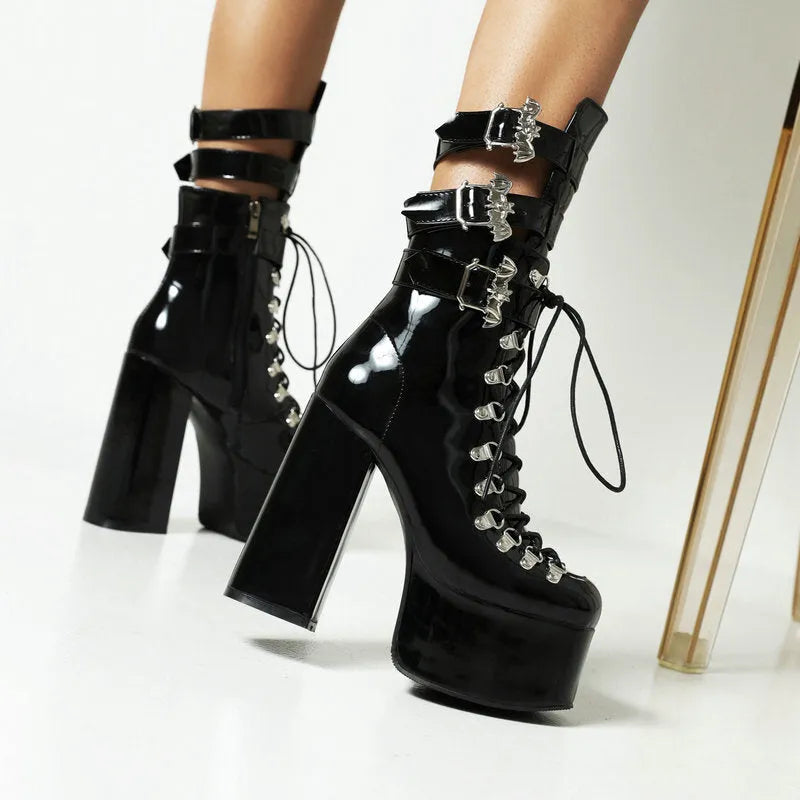 Black platform thigh-high boots with block heel and front lacing, square toe, sizes 35-46.