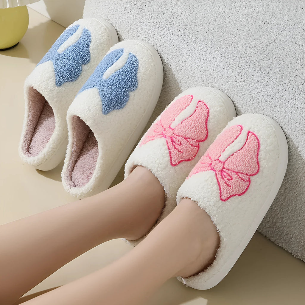 Cartoon bow knot cotton slippers in blue and pink colours with suede upper and TPR sole
