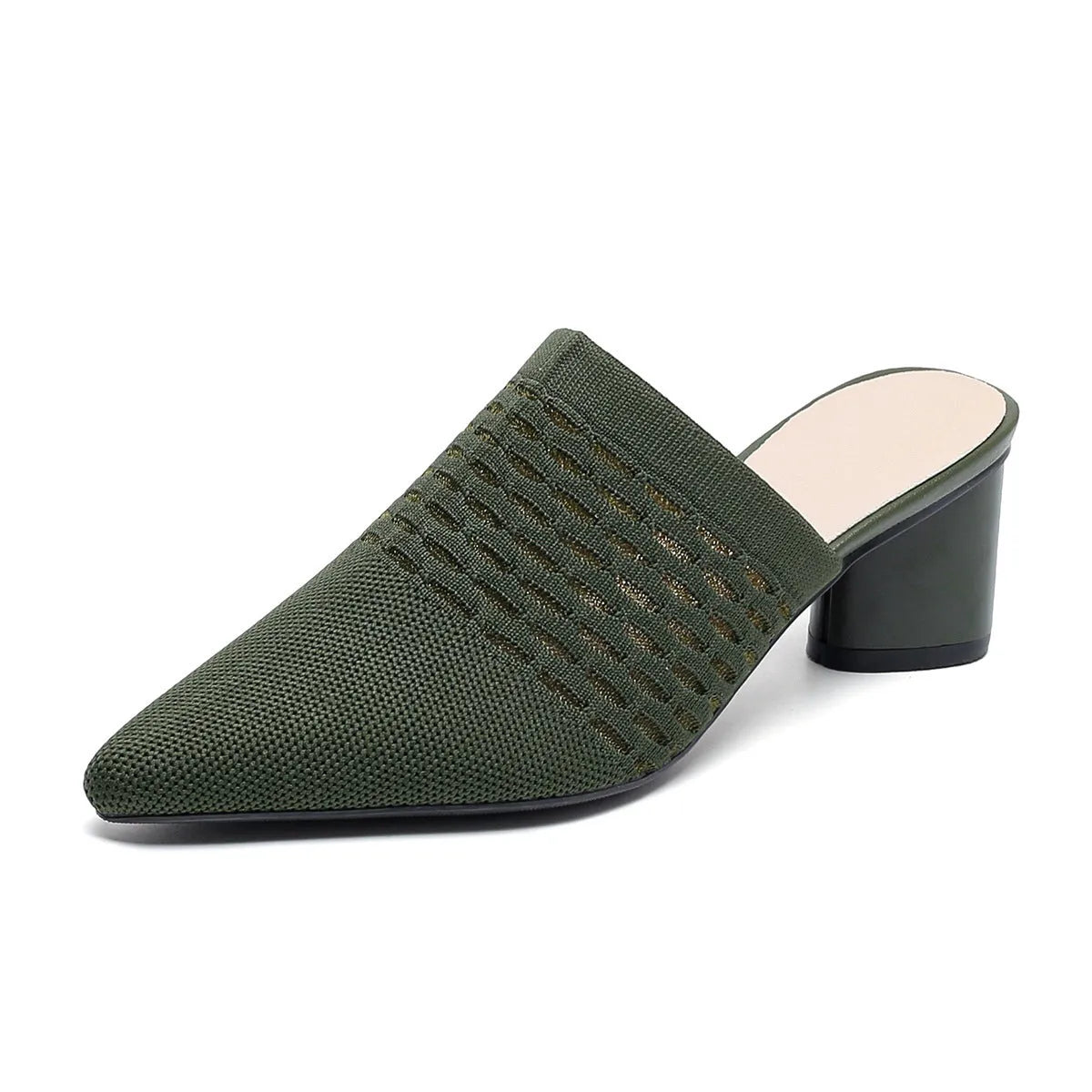 Women's pointed-toe sandals with toe cap bracket, 5cm chunky heel, fabric upper in fishing line colours on rubber sole.